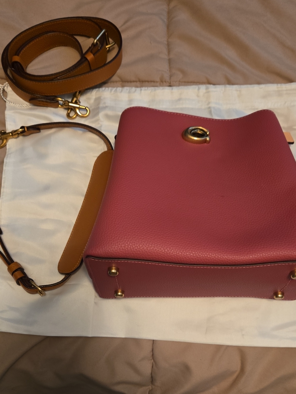 Women's Pink Leather Crossbody Bag with Tan Strap